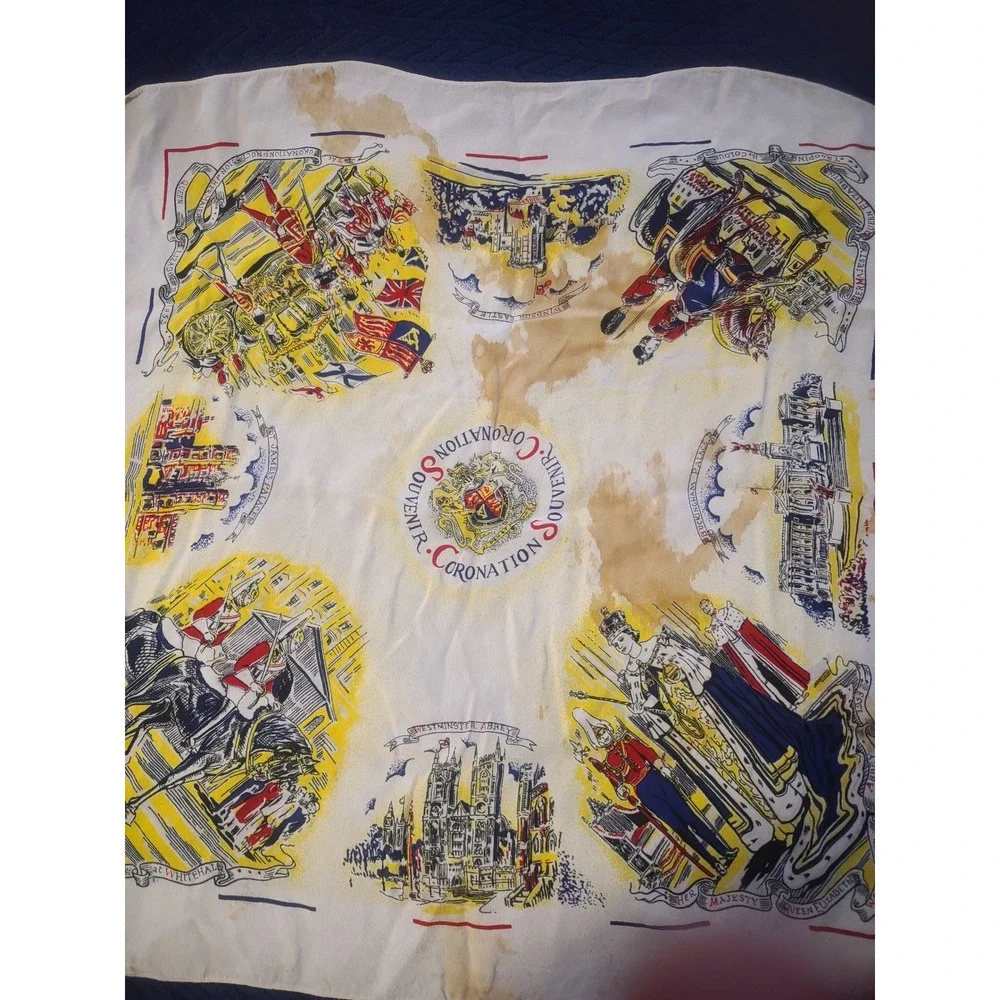 Vintage 1953 Queen Elizabeth II Coronation Souvenir Scarf British Royalty 26x26